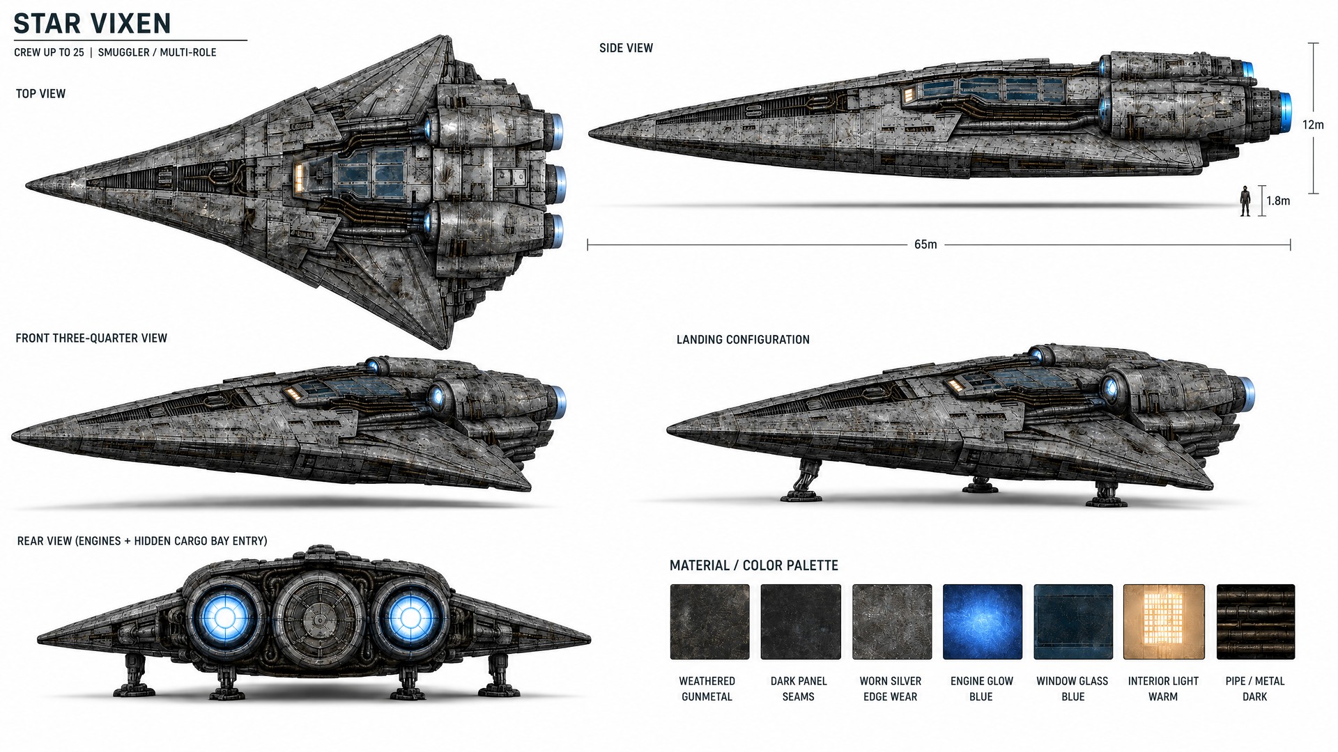 Star Vixen III reference sheet showing top, side, front, rear and landing views, dimensions and material palette
