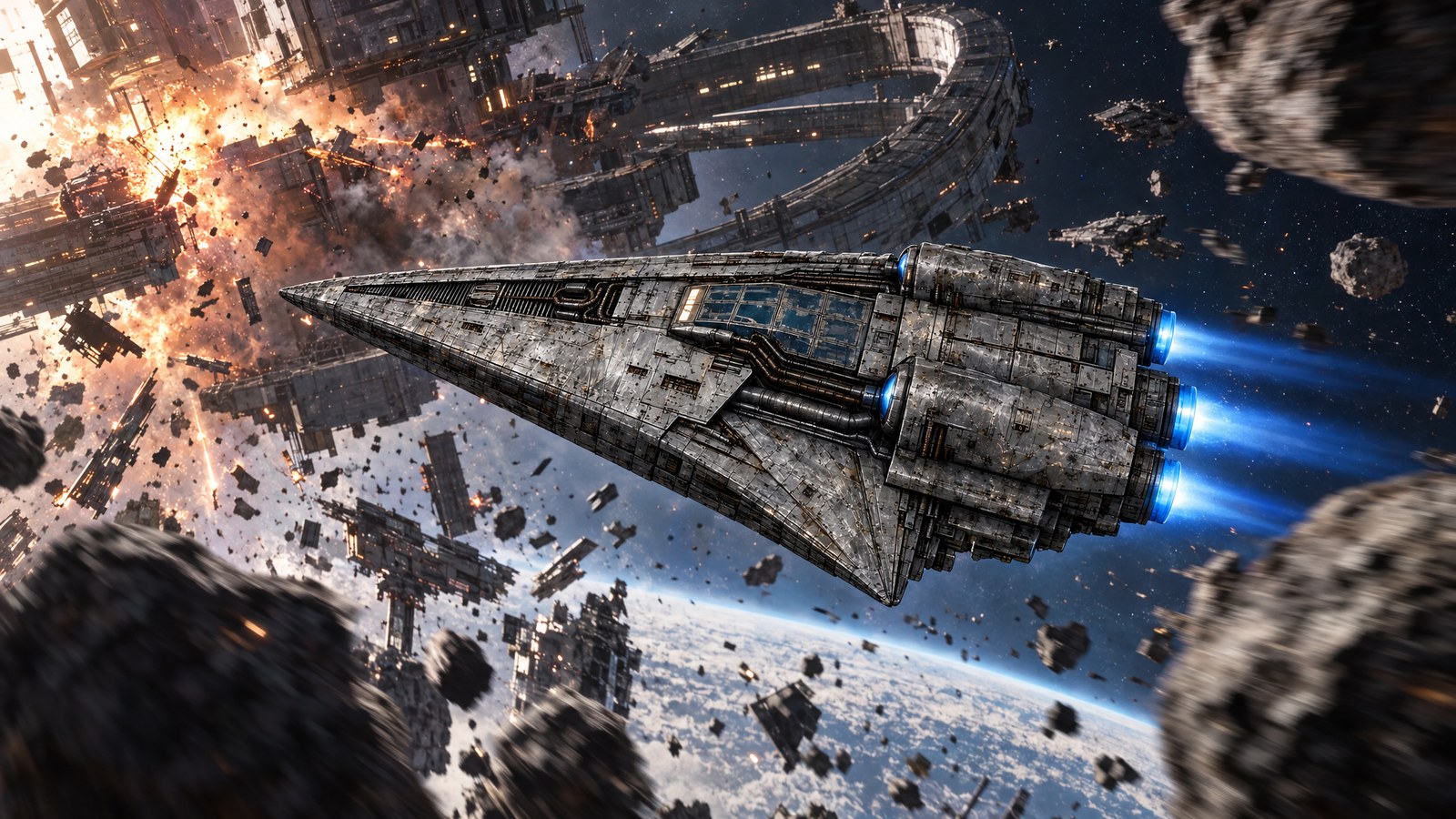 Star Vixen III flying through debris past a damaged space structure, with blue engine trails