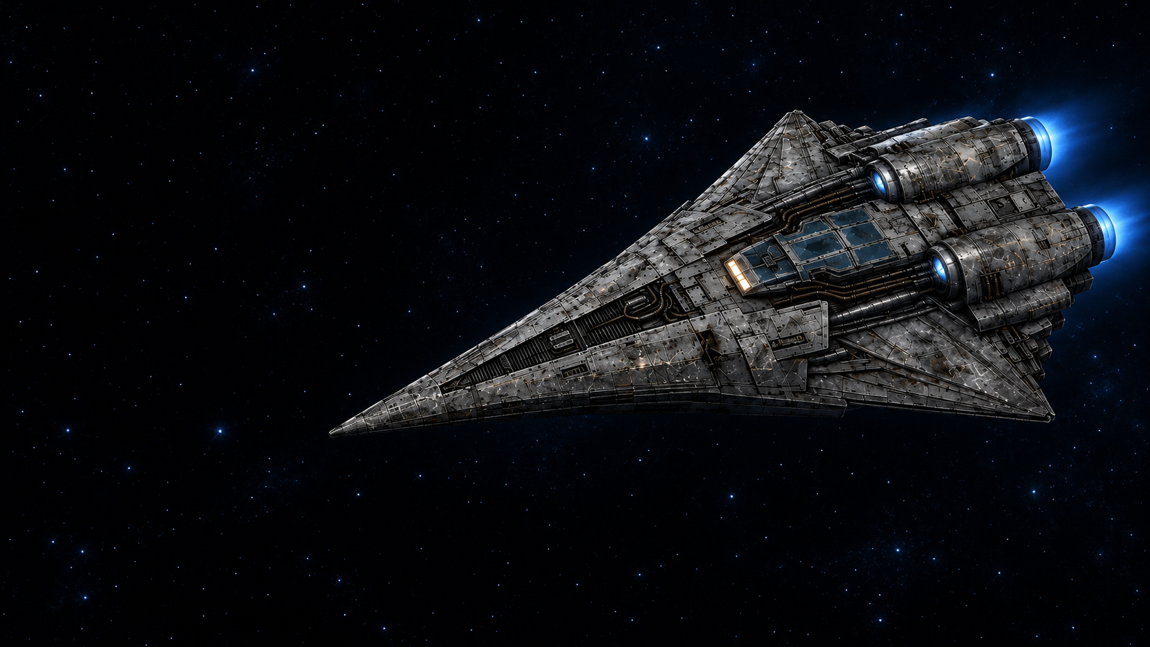 The weathered Star Vixen in deep space with two blue rear engines
